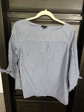Ann Taylor Blue and White Striped Tie-Sleeve Boatneck Top